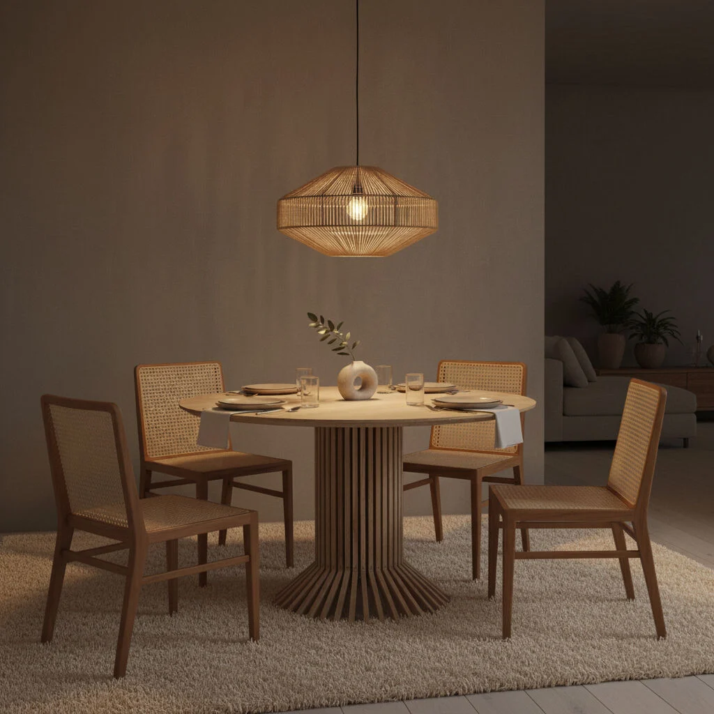 Eetkamer met Nova teakhouten eetkamerstoelen in naturel, ronde tafel, en hanglamp.
