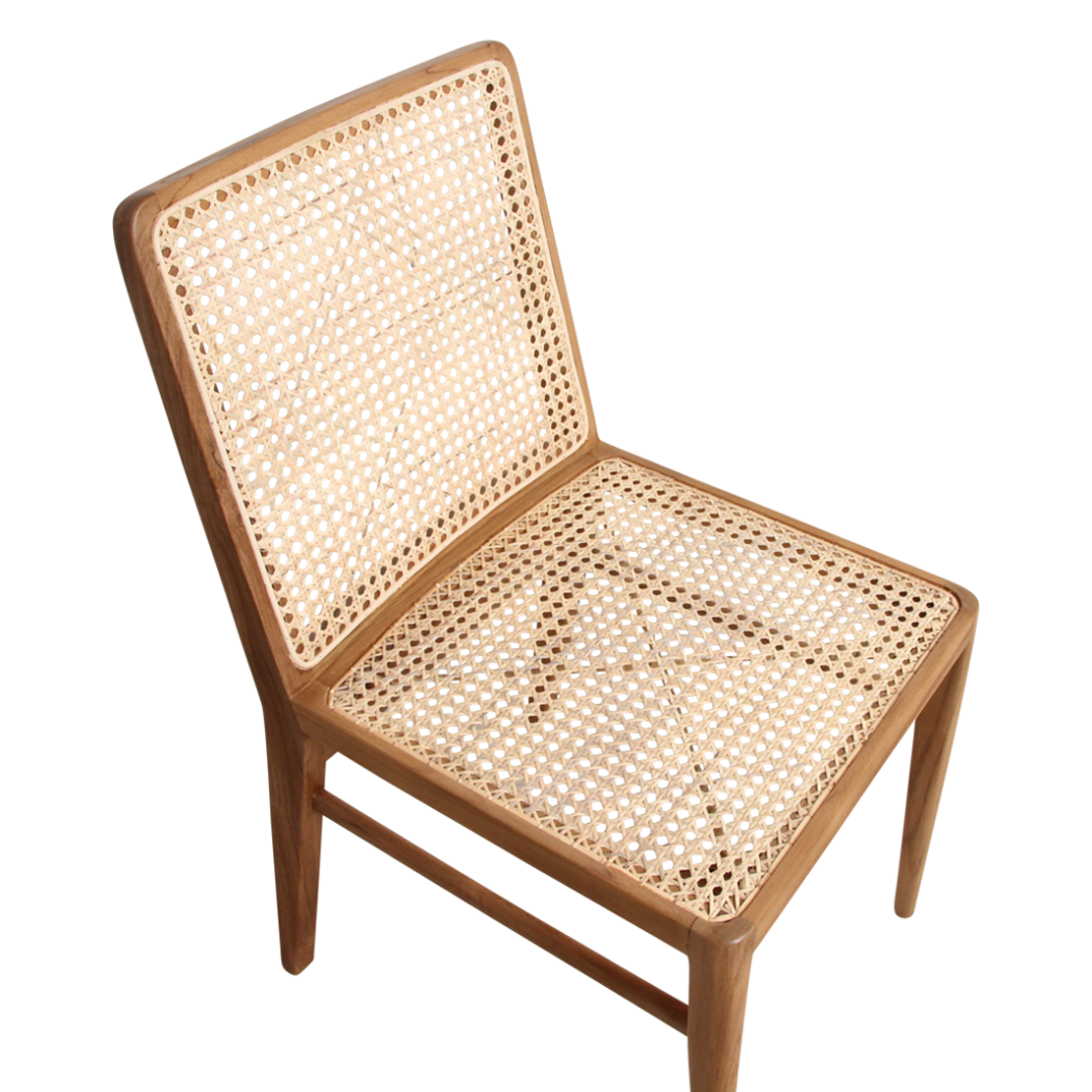 Nova teakhouten eetkamerstoel naturel: Houten stoel met geweven zitting en rugleuning.