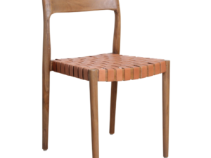 Freya teakhouten eetkamerstoel met leren zitting in naturel. Set van 2 eetkamerstoelen.