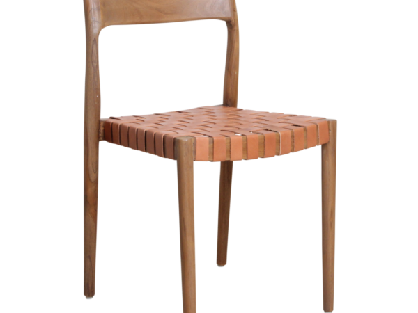 Freya teakhouten eetkamerstoel met leren zitting in naturel. Set van 2 eetkamerstoelen.