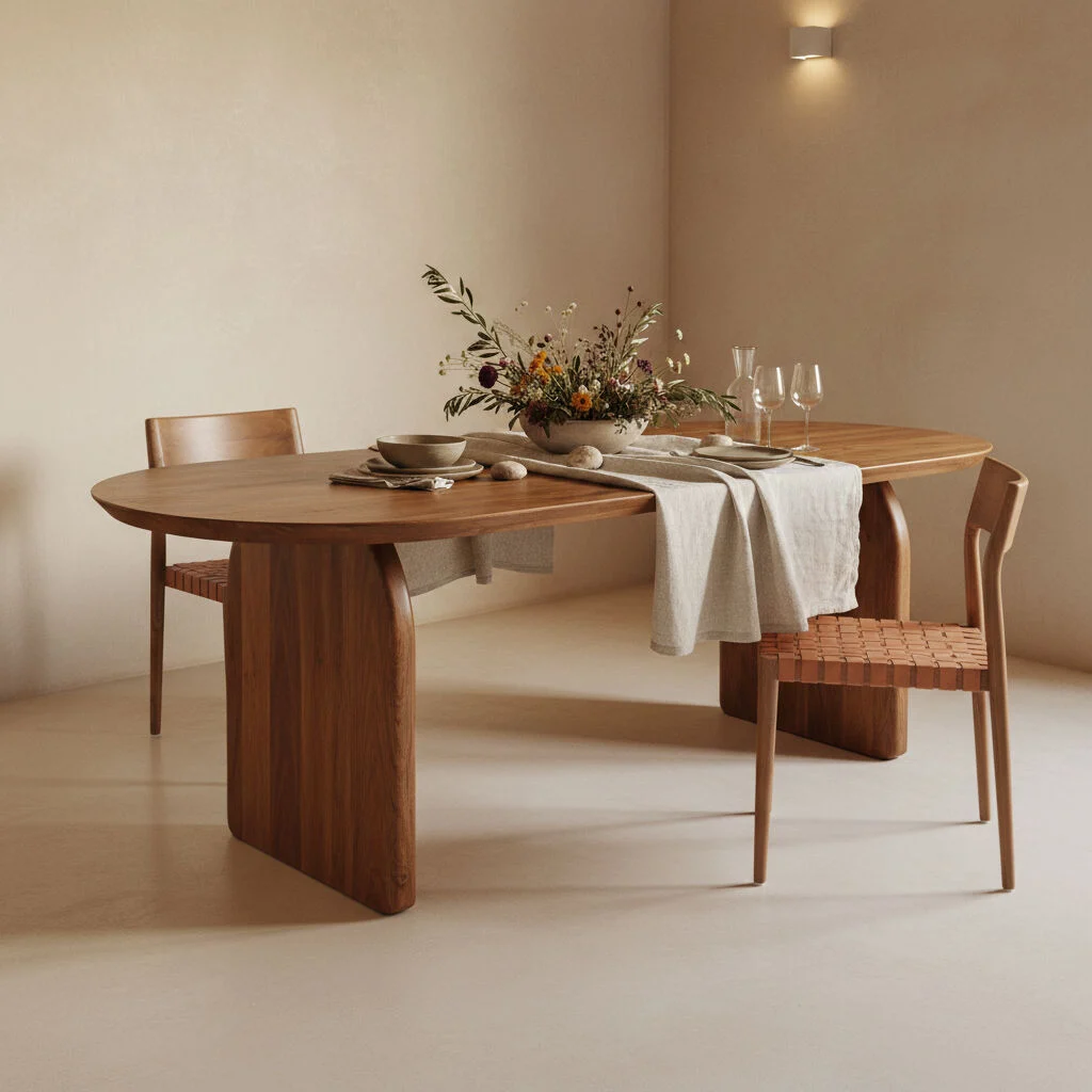 Freya teakhouten eetkamerstoel met leer bij een houten eettafel met decoratie.