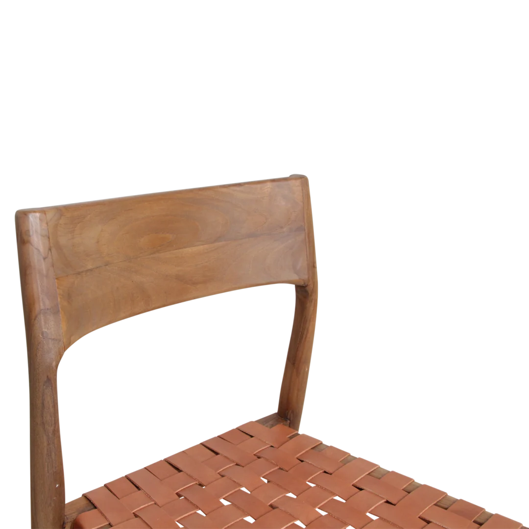 Freya teakhouten eetkamerstoel met leren zitting, naturel. Set van 2 eetkamerstoelen.