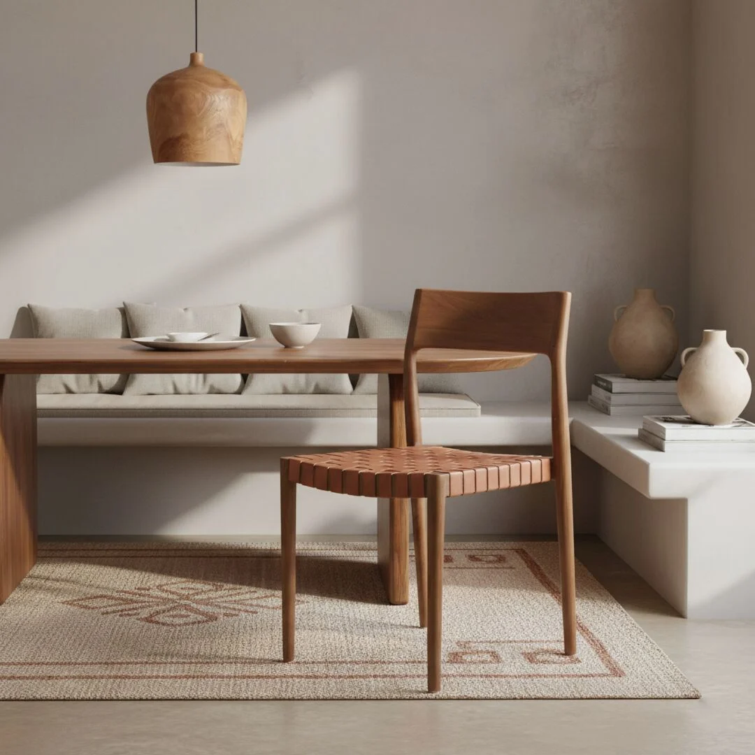 Freya teakhouten eetkamerstoel met leer – naturel. Houten stoel met geweven leren zitting in een eetkamer setting.