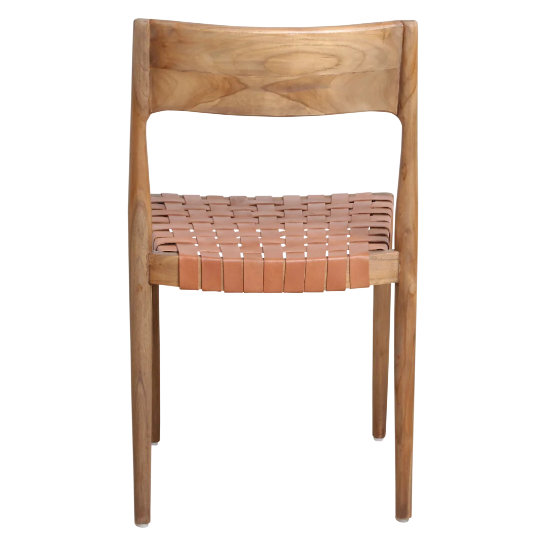 Freya teakhouten eetkamerstoel met leer, naturel. Houten stoel met geweven leren zitting.
