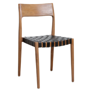 Freya teak eetkamerstoel met zwart lederen zitting, set van 2