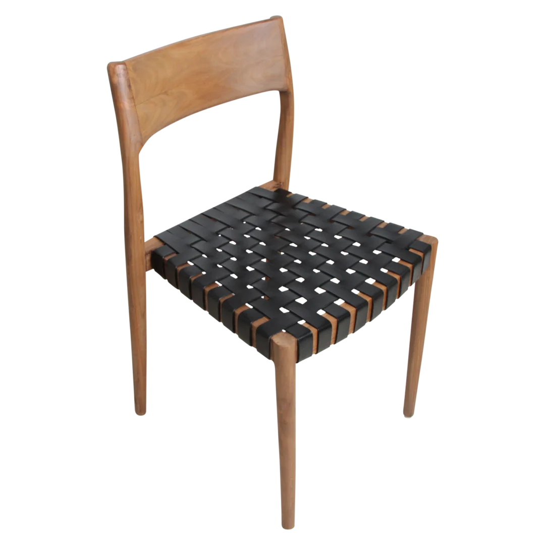 Freya teak eetkamerstoel met zwart lederen zitting, set van 2