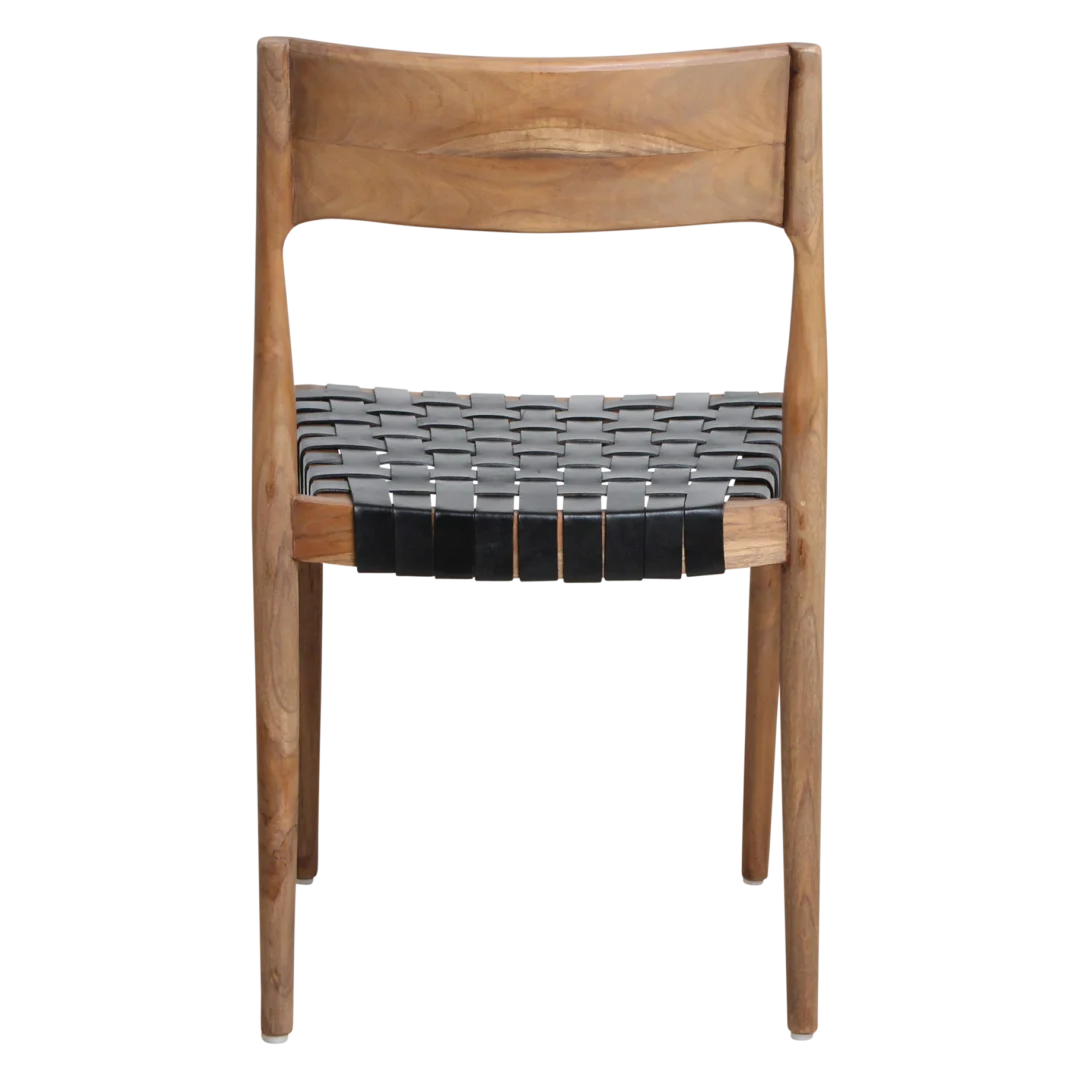 Freya teak eetkamerstoel met leer - Zwart (set van 2): Houten stoel met geweven zwart leren zitting.