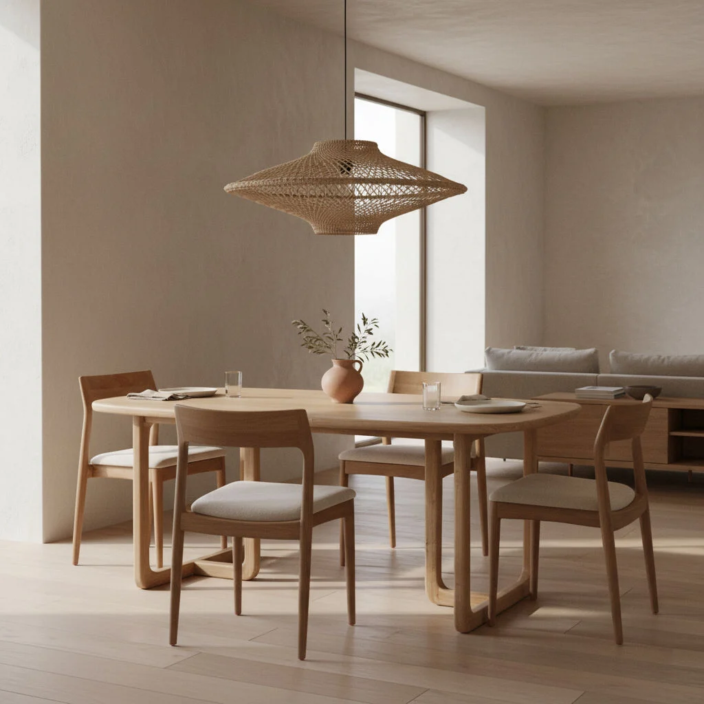 Freya teakhouten eetkamerstoel crème aan een houten eettafel onder een rieten lamp.