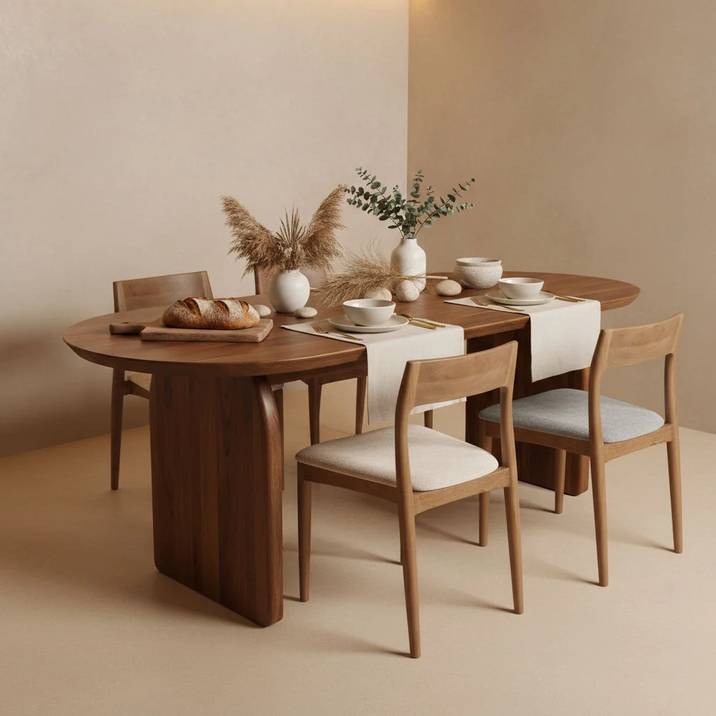 Eetkamer met Freya teakhouten eetkamerstoel crème, ovale tafel, brood, vazen en kommen.