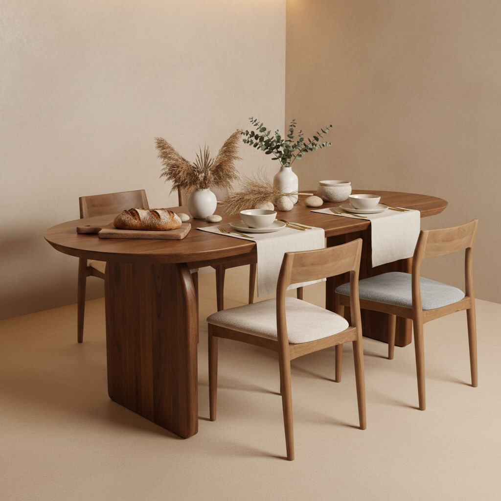 Eetkameropstelling met Freya teakhouten eetkamerstoelen en ovale houten tafel met brood en decoratie.