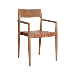 Freya teak eetkamerstoel met armleuning - Naturel: Teakhouten stoel met gevlochten lederen zitting.