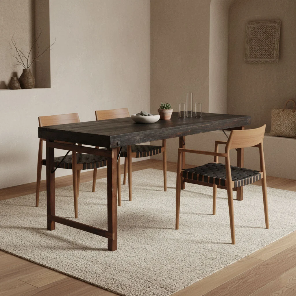 Eetkamer met Freya teakhouten eetkamerstoelen met armleuning - Zwart (set van 2) rondom donkere houten eettafel.