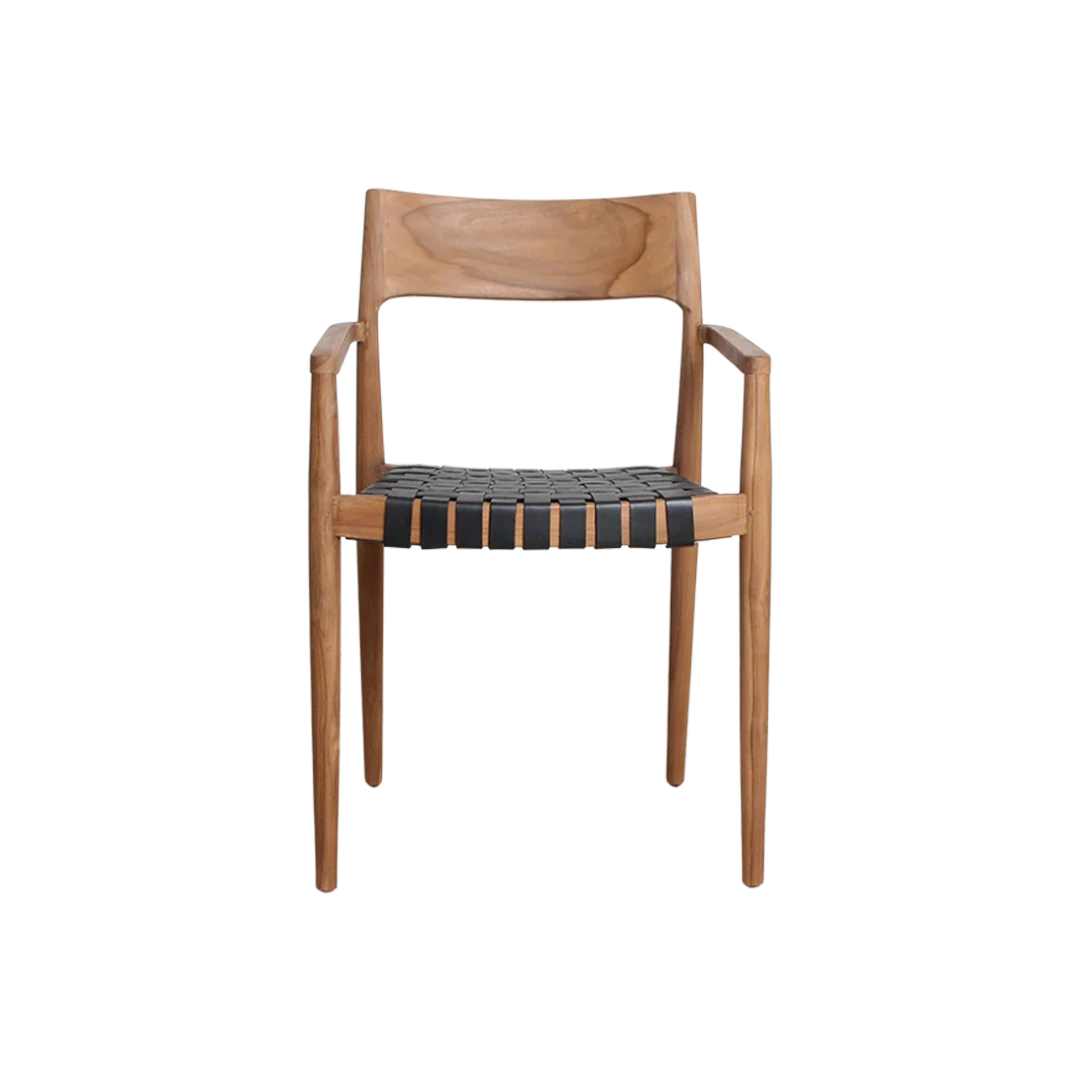 Freya teakhouten eetkamerstoel met armleuning - Zwart. Teak houten stoel met zwarte zitting.