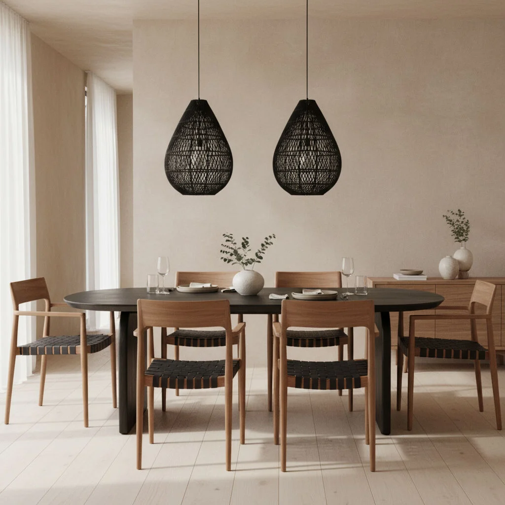 Eetkamer met Freya teakhouten eetkamerstoelen met armleuning (zwart, set van 2) rond een zwarte ovale tafel.