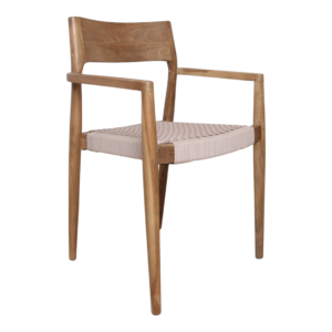 Freya donker teakhouten tuinstoel met armleuning – naturel. Teakhouten stoel met geweven zitting.