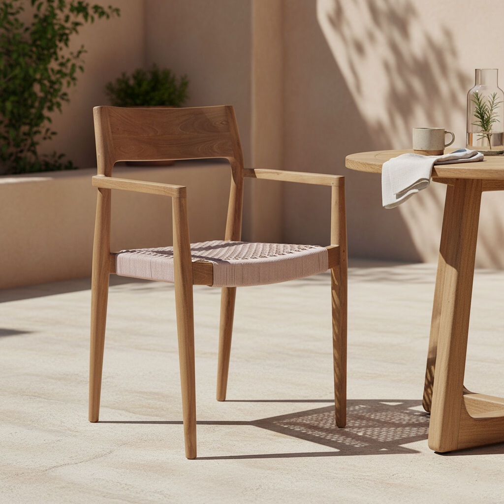 Freya donker teakhouten tuinstoel met armleuning, naturel. Teakhouten tuinstoel met geweven zitting.