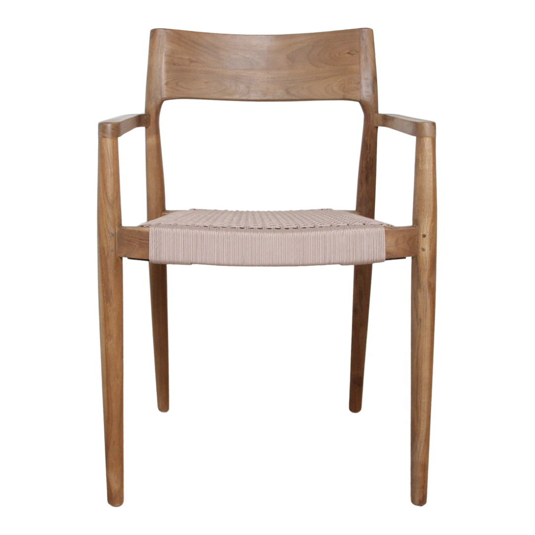 Freya donker teakhouten tuinstoel met armleuning en naturel geweven zitting (set van 2)