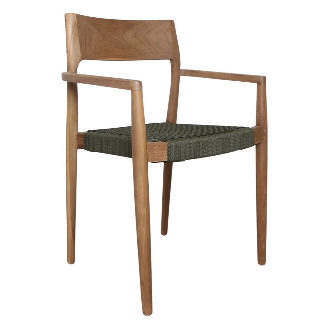 Freya donker teakhouten tuinstoel met armleuning, groen geweven zitting. Tuinstoel set van 2.