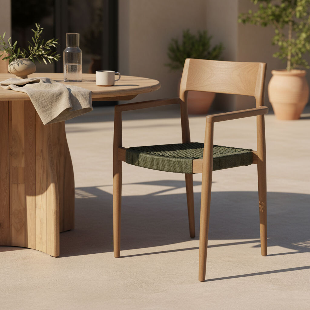 Freya donker teakhouten tuinstoel met armleuning, groene zitting. Set van 2.