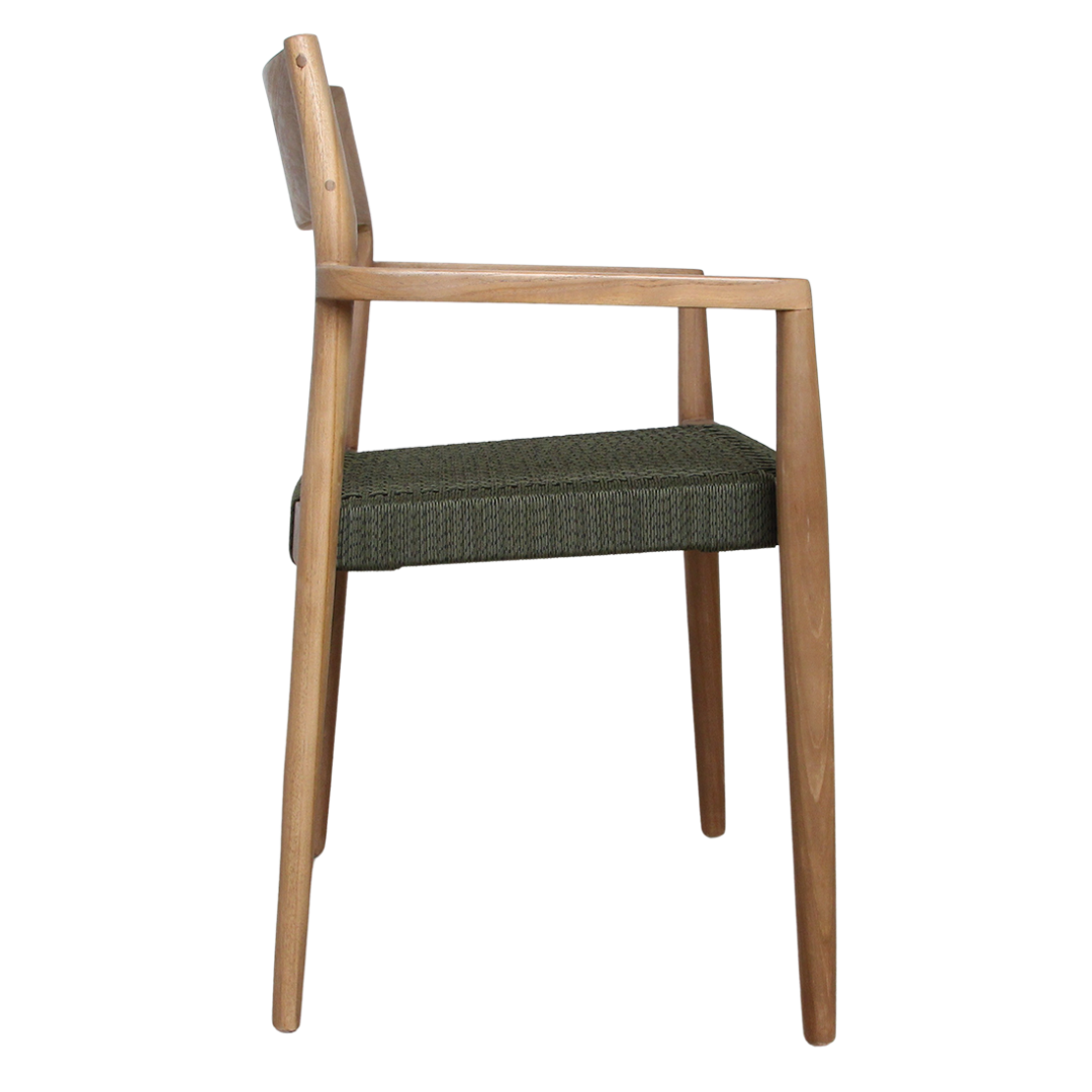 Freya donker teakhouten tuinstoel met armleuning - groen (set van 2). Stijlvolle tuinstoel van teakhout met groene zitting.