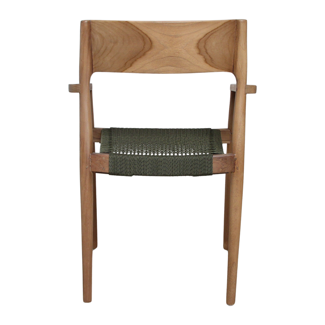 Freya donker teakhouten tuinstoel met armleuning en groene zitting. Set van 2 tuinstoelen.