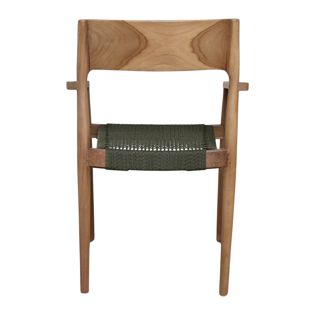 Freya donker teakhouten tuinstoel met armleuning en groene zitting. Set van 2 tuinstoelen.