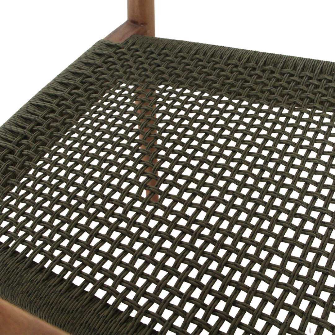 Detailopname Freya donker teakhouten tuinstoel met armleuning, groen geweven zitting (set van 2)
