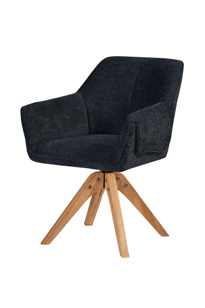 Stoel Dian 200 Antraciet Bouclé: antracietkleurige draaifauteuil met houten poten.