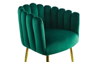 Stoel Mucha 100 Groen: Groene velvet stoel met gouden poten, een stijlvolle toevoeging aan je interieur.