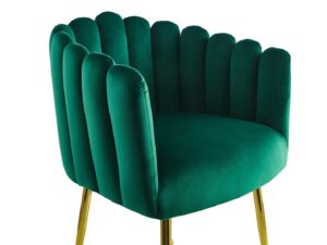 Stoel Mucha 100 Groen: Groene velvet stoel met gouden poten, een stijlvolle toevoeging aan je interieur.