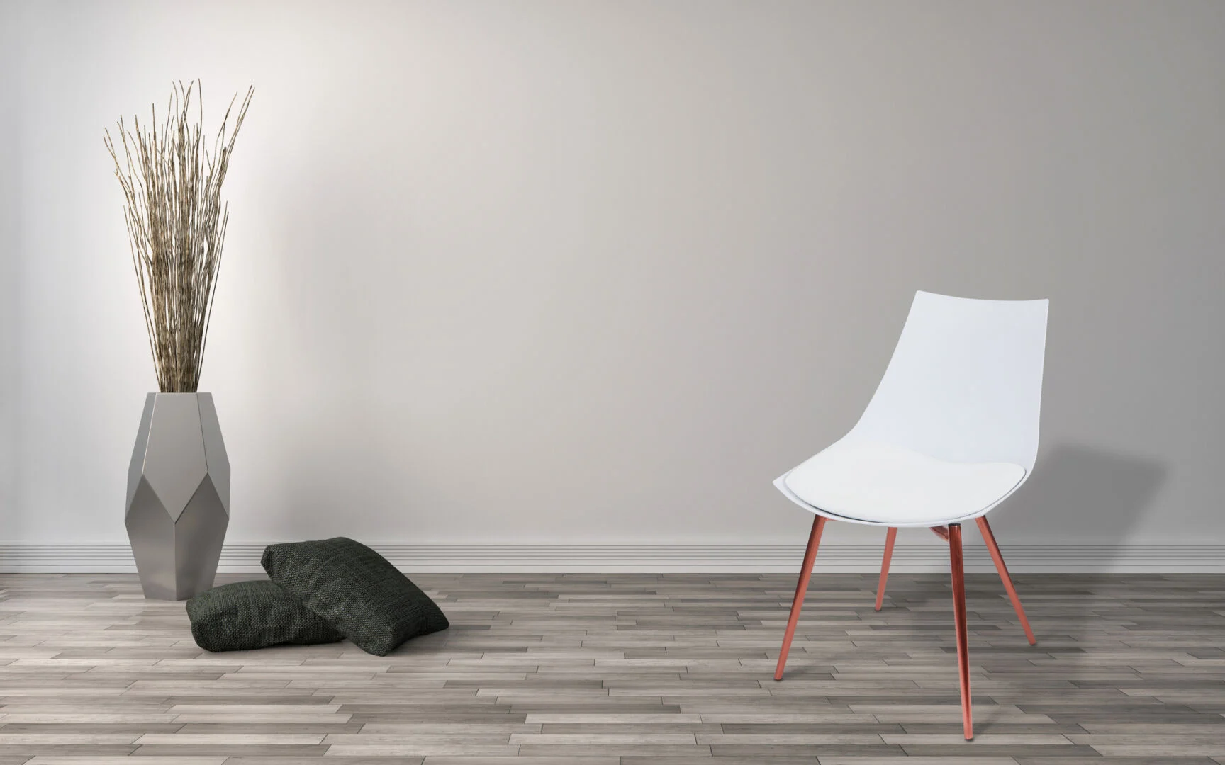 Stoel Dakota Wit Koper: witte design stoel met koperen poten in sfeervolle kamer.