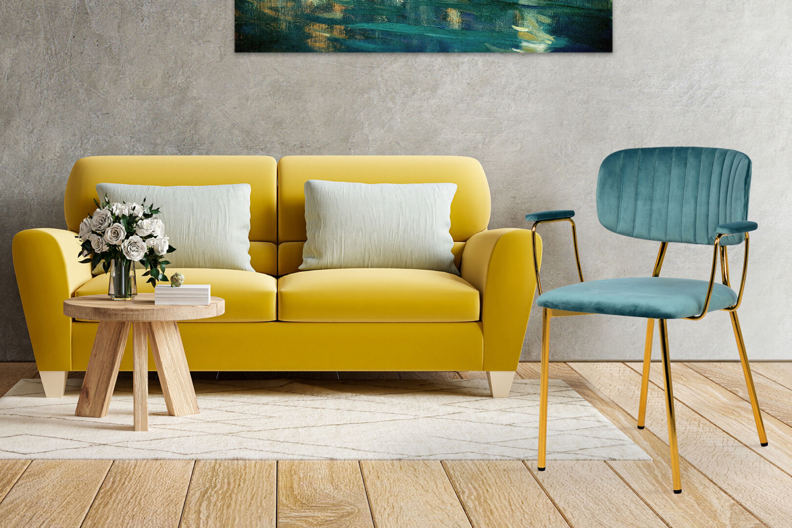 Stoel Giselle 200 Mint Set van 2 | Nieuwe Sfeer, mintgroene stoel met gouden poten in een woonkamer.