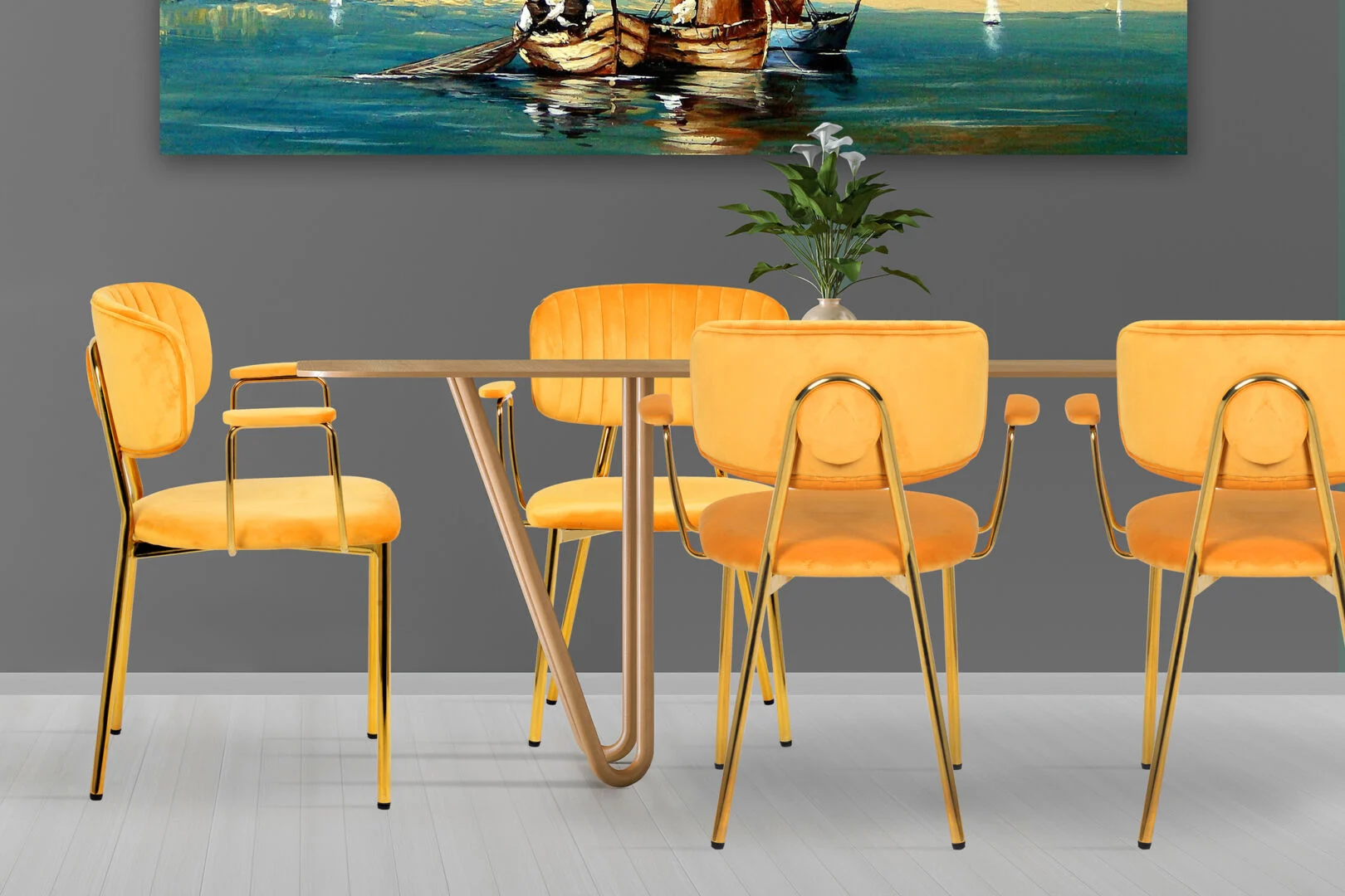 Stoel Giselle 200 Lichtoranje: Eettafel met vier oranje velvet stoelen van Nieuwe Sfeer.