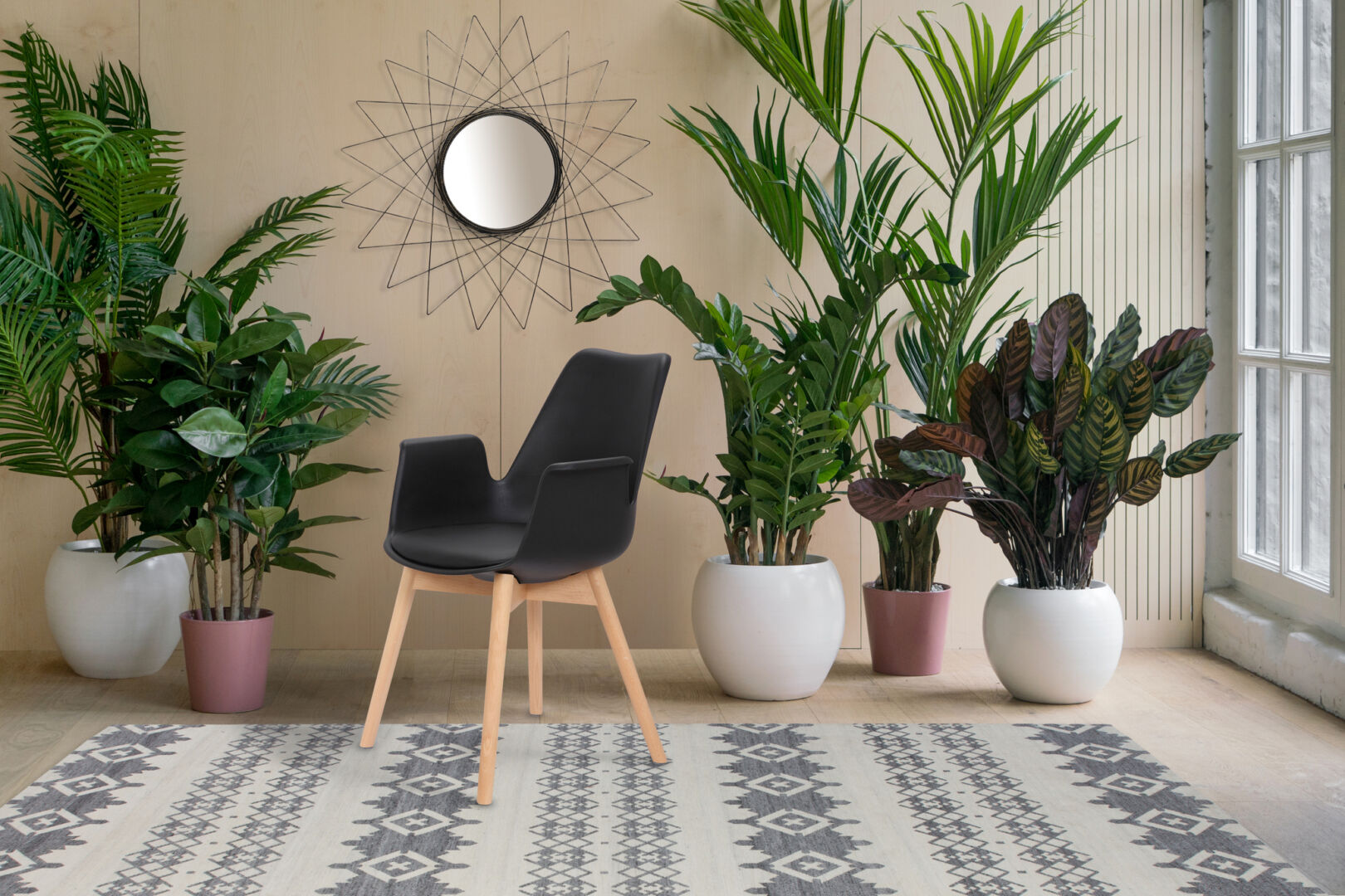 Stoel Chaplin Zwart: Zwarte stoel met houten poten in een sfeervolle setting met planten en spiegel.