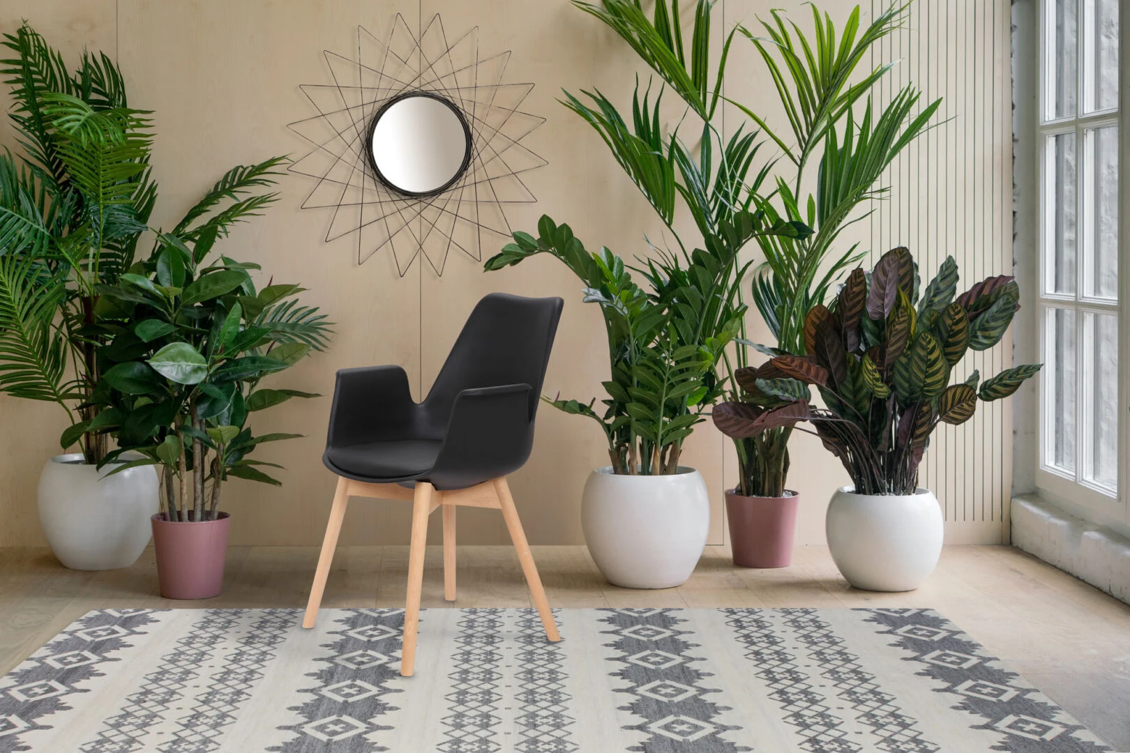 Stoel Chaplin Zwart: Zwarte stoel met houten poten in een sfeervolle setting met planten en spiegel.