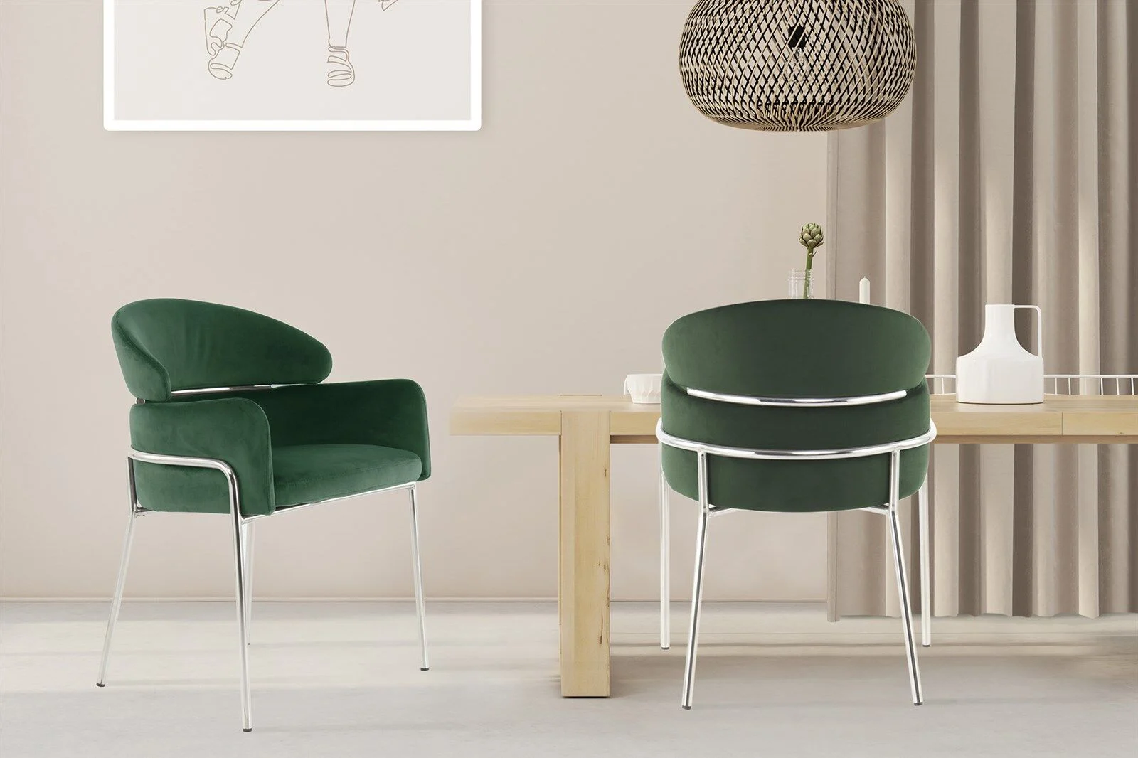 Stoel Elva 100 Groen Zilver: Groene velvet stoel met zilveren frame, onderdeel van Nieuwe Sfeer collectie.