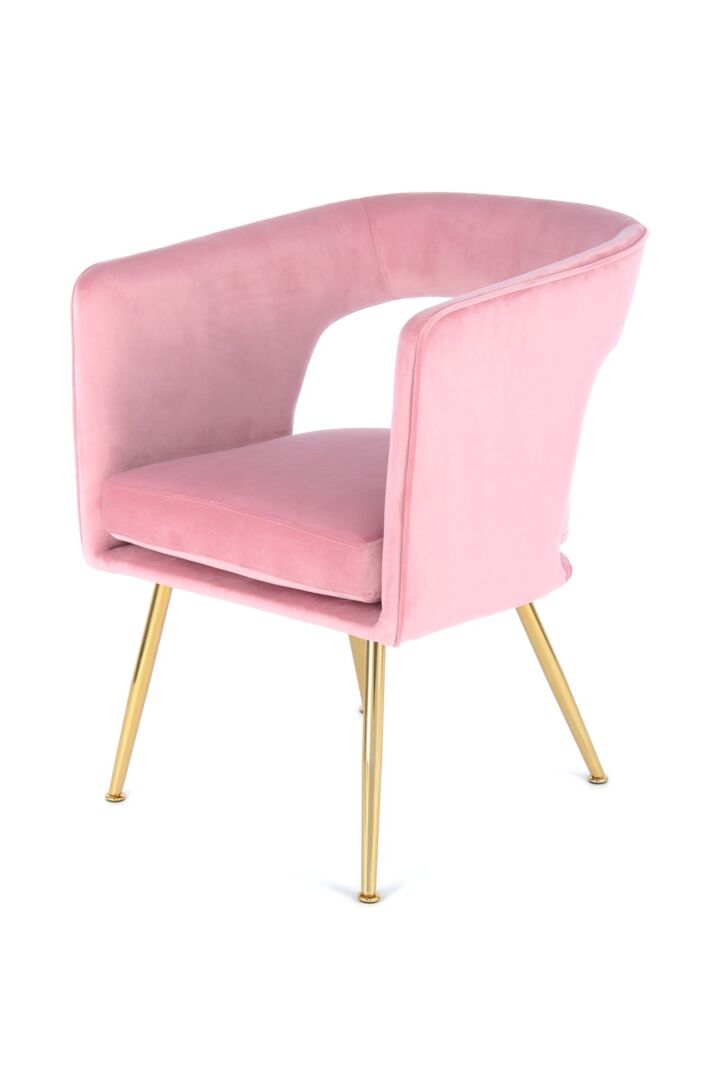 Stoel Jolene Roze Fluweel Design: roze fluwelen stoel met gouden poten.