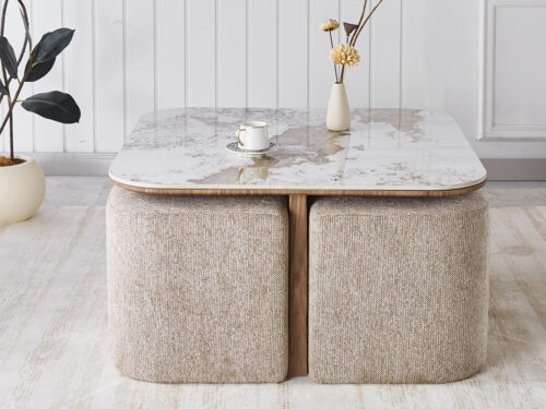Salontafel Marbella Met 4 poefs marmerlook wit Hotel chique