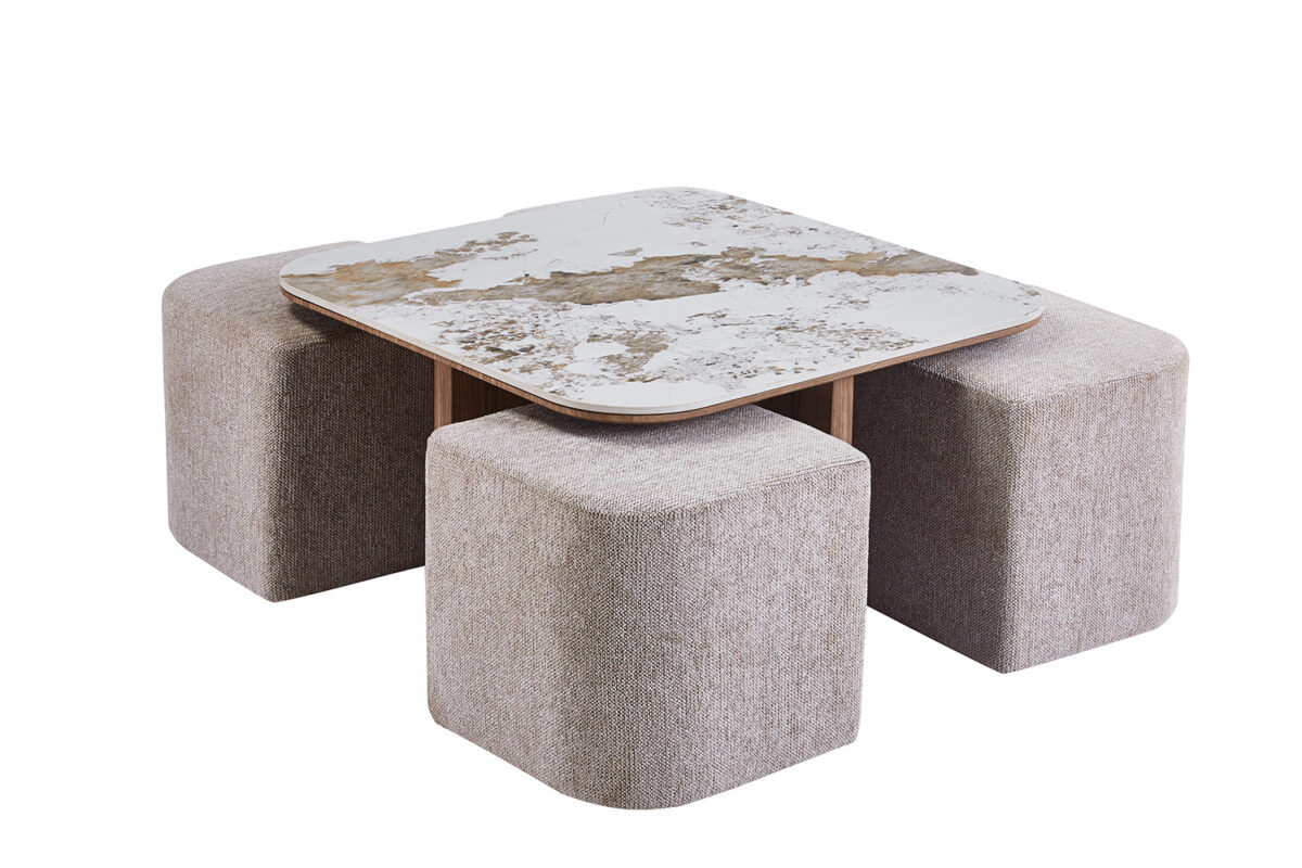 Salontafel Marbella Met 4 poefs marmerlook wit Hotel chique – foto 3