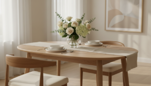 beige ovale eettafels