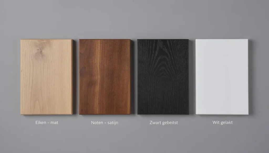 Close-up van verschillende houtsoorten en afwerkingen voor tv wanden, met een focus op luxe uitstraling en stijlvolle panelen die perfect passen in een moderne woonkamer. De verschillende texturen en kleuren bieden talloze mogelijkheden om een echte eyecatcher te creëren voor je interieur.