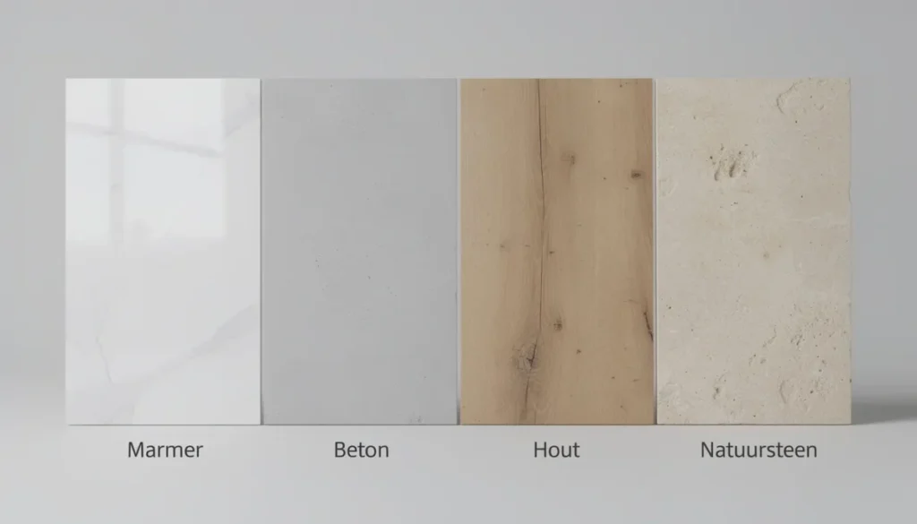 De afbeelding toont een collage van verschillende badkamer wandpanelen, waaronder marmer, beton, hout en natuursteen, die naast elkaar zijn geplaatst. Deze diverse stijlen bieden eindeloze ontwerpmogelijkheden voor het renoveren van jouw badkamer, met een luxe en moderne uitstraling.