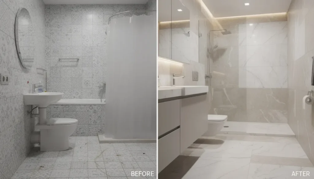 De afbeelding toont een vergelijking tussen een gedateerde badkamer met traditionele kleine keramische tegels en dezelfde ruimte met moderne badkamer wandpanelen in een luxe marmerlook. De strakke uitstraling van de nieuwe wandpanelen benadrukt de mogelijkheden voor badkamer renovatie en biedt een onderhoudsvriendelijke en waterdichte oplossing voor vochtige ruimtes.