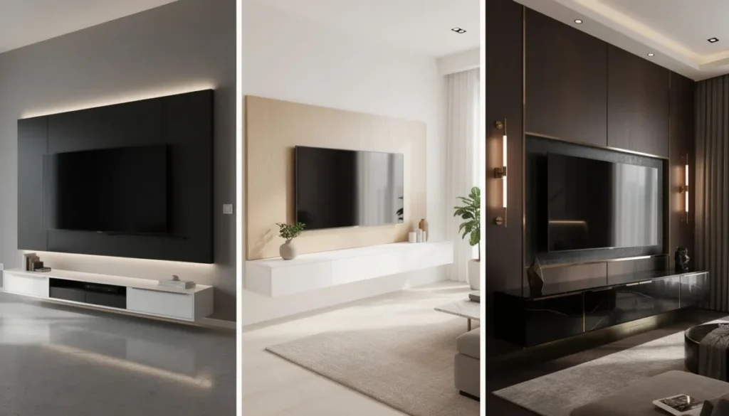 De collage toont verschillende stijlen van een tv wand, waaronder moderne, Scandinavische en hotel chique ontwerpen, elk met een luxe afwerking en een stijlvolle uitstraling. De tv meubels zijn ontworpen om kabels netjes te verbergen en passen perfect in de woonkamer, waardoor ze echte eyecatchers zijn.