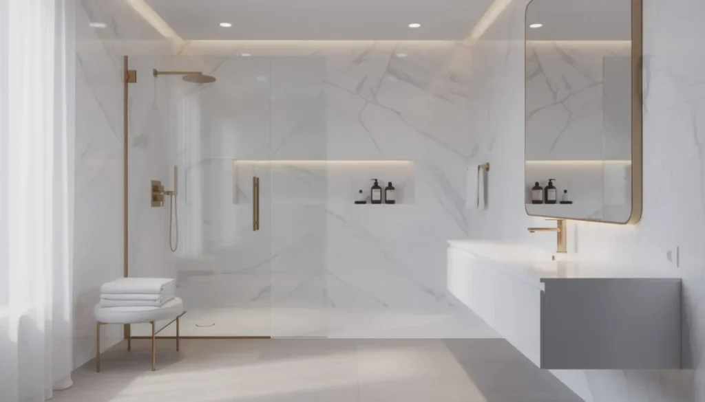 Deze luxe badkamer is uitgerust met stijlvolle witte marmerlook douchepanelen en messing kranen, die samen een moderne uitstraling creëren. De douchewandpanelen zijn volledig waterdicht en eenvoudig schoon te maken, waardoor ze ideaal zijn voor vochtige ruimtes.