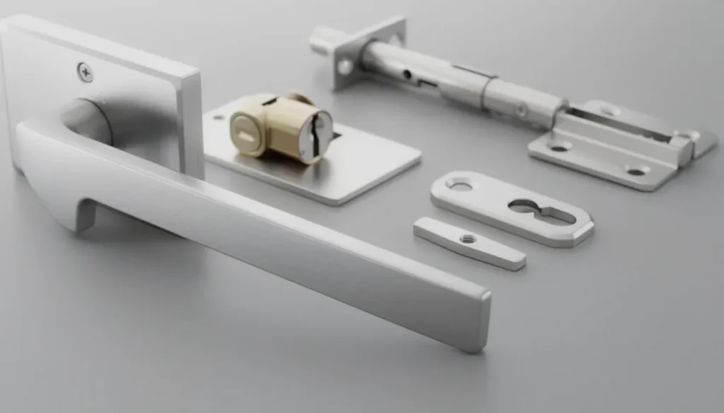 Een close-up van geborsteld roestvrij staal deurbeslag en accessoires, met een strak en modern ontwerp. De afbeelding toont verschillende materialen en producten, waaronder naamborden en deurbordjes, die perfect passen bij toiletten, heren- en damestoiletten.