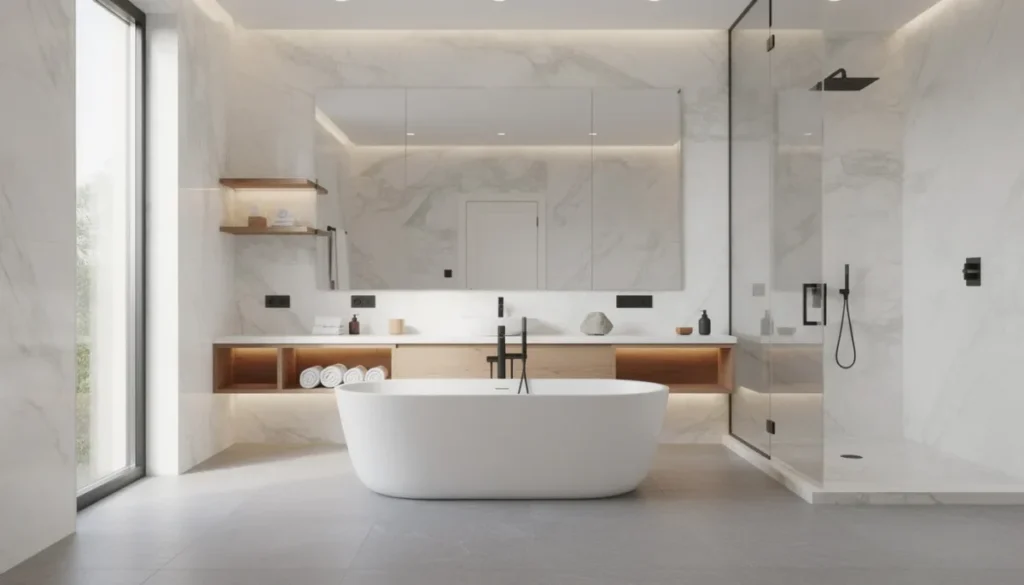 Een luxe badkamer met marmerlook wanden en een vrijstaand bad, omringd door warme houten meubels. Deze stijlvolle ruimte biedt een moderne uitstraling en is ideaal voor natte ruimtes met waterdichte wandpanelen.