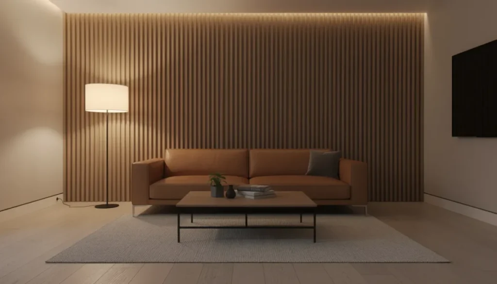 Een modern woonkamer met een leren bank, omringd door akoestische wandpanelen van houten latten die een warme sfeer creëren, verlicht door sfeervolle ambient verlichting. De wandpanelen zijn strak en professioneel afgewerkt, wat bijdraagt aan de esthetiek van de ruimte.