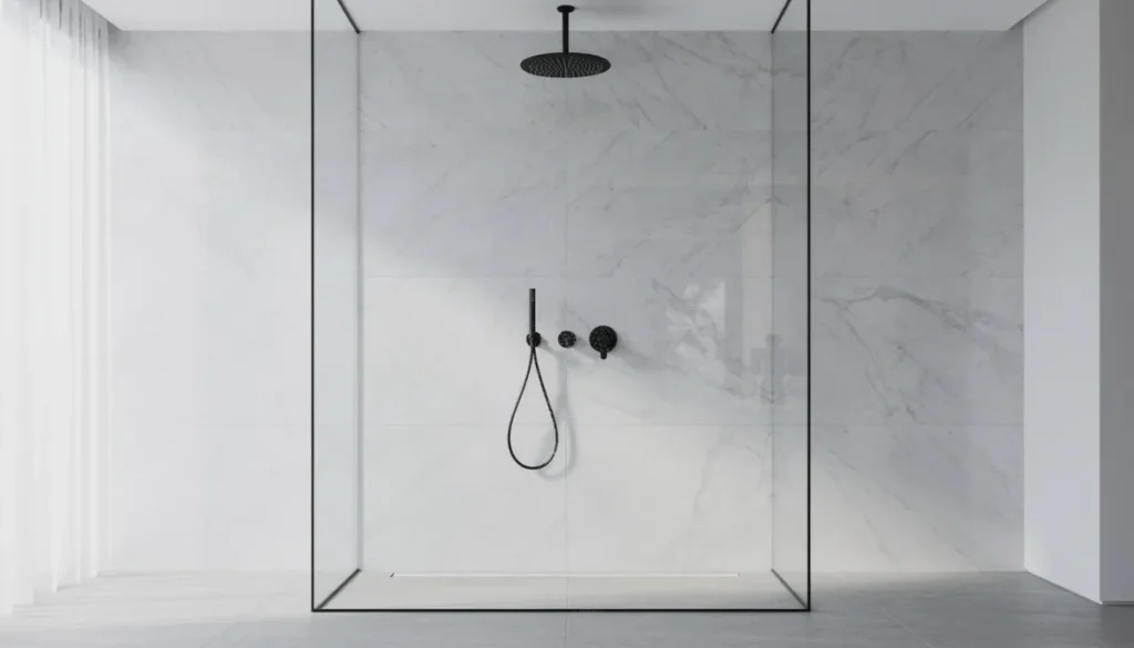 Een moderne douchewand bekleed met grote marmerlook platen, gecombineerd met een matzwarte regendouche, creëert een luxe uitstraling in de badkamer. Deze wandpanelen zijn volledig waterdicht en bieden een duurzame oplossing voor vochtige ruimtes.