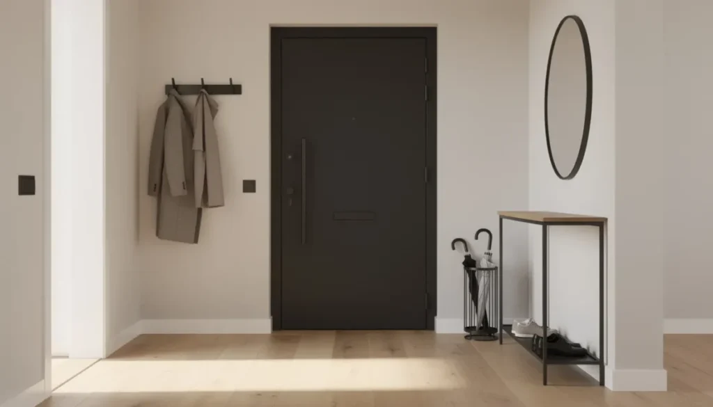 Een moderne hal met een donkere deur, voorzien van bijpassend deurbeslag en accessoires, die een strak en stijlvol ontwerp uitstraalt. De ruimte is ingericht met verschillende materialen en biedt een overzichtelijk assortiment aan toilet bordjes en naamborden voor bezoekers.